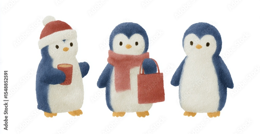 Fototapeta premium Three cute cartoon penguins in winter attire with hat scarf mug bag