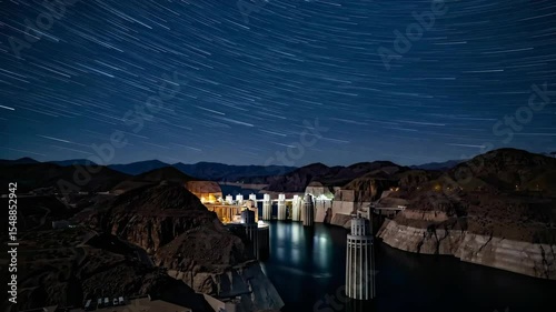 Timelapse Hoover Dam at Night with Star Trails - A stunning long-exposure shot of the Hoover Dam at night, showcasing the star trails across the dark blue sky above the illuminated dam and reservoir.