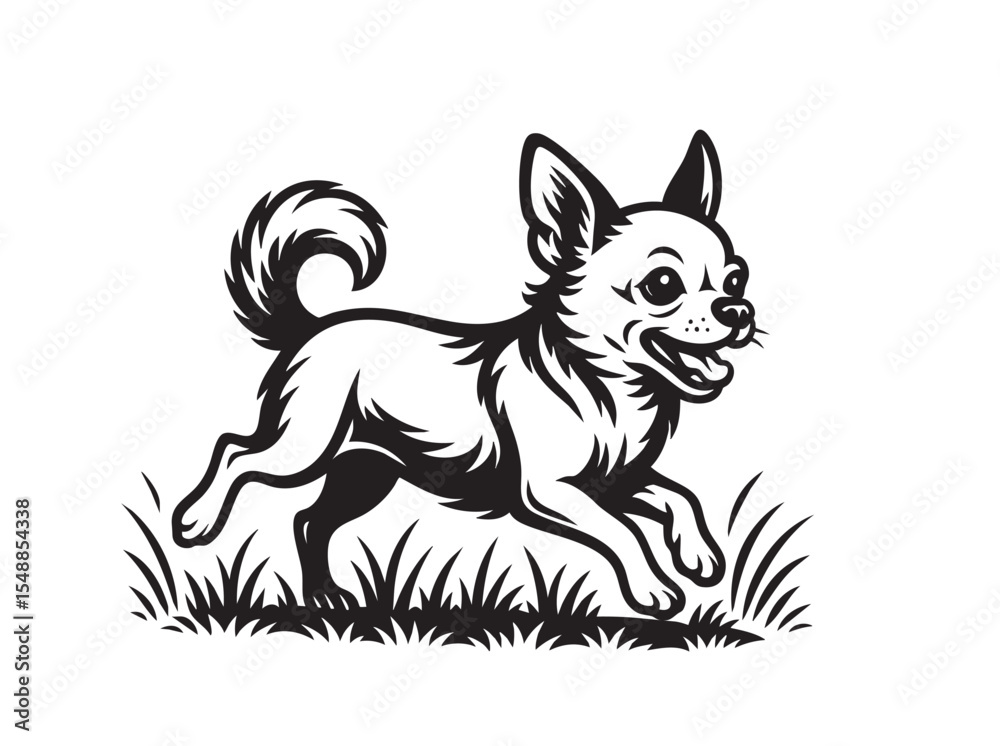 Obraz premium Cute chihuahua joyfully running on grassy field, cheerful and energetic in clean black and white vector style.