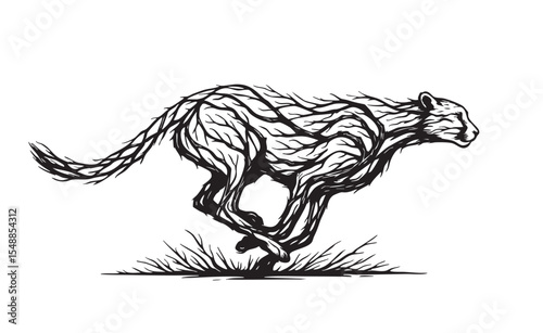 Stylized cheetah formed from tree branches sprinting fast, blending nature and speed in abstract vector silhouette.
