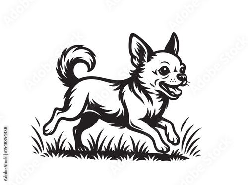 Cute chihuahua joyfully running on grassy field, cheerful and energetic in clean black and white vector style.