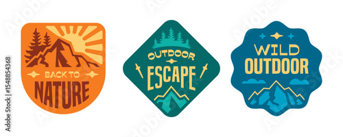 Nature wild badges collection. Patch, stickers, logos design vintage outdoor camping.