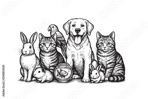 Cute group of pets including dogs, cats, rabbit, parrot, fish and guinea pig sitting together in harmony, black and white style. Pet.