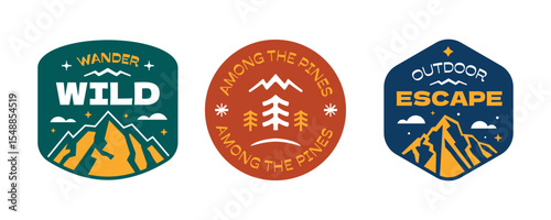 Nature wild badges collection. Patch, stickers, logos design vintage outdoor camping.