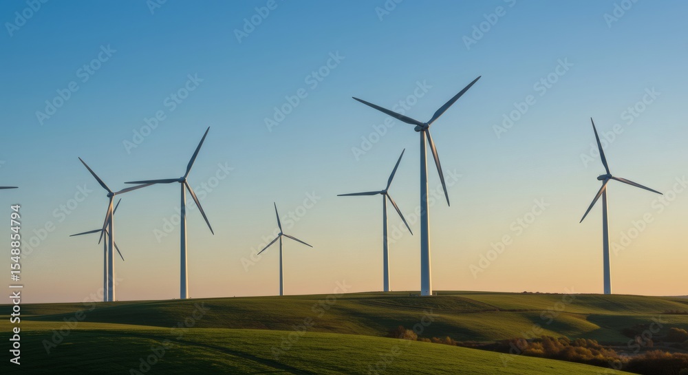 Serene Sunset Landscape with Rows of Modern Wind Turbines Generating Clean Energy Serene Sunset Landscape with Rows of Modern Wind Turbines Generating Clean Energy