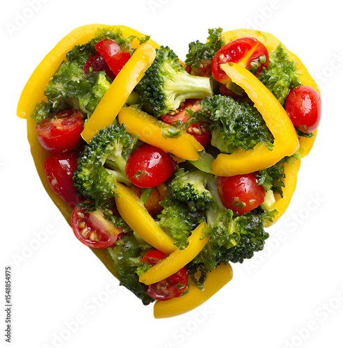 Heart shaped vegetable salad, isolated on a transparent background. The heart shape is made of various vegetables, including bell peppers and broccol.