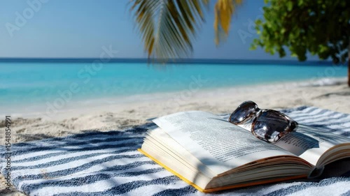 Open Book and Sunglasses on Towel at Tropical Beach with Turquoise Sea