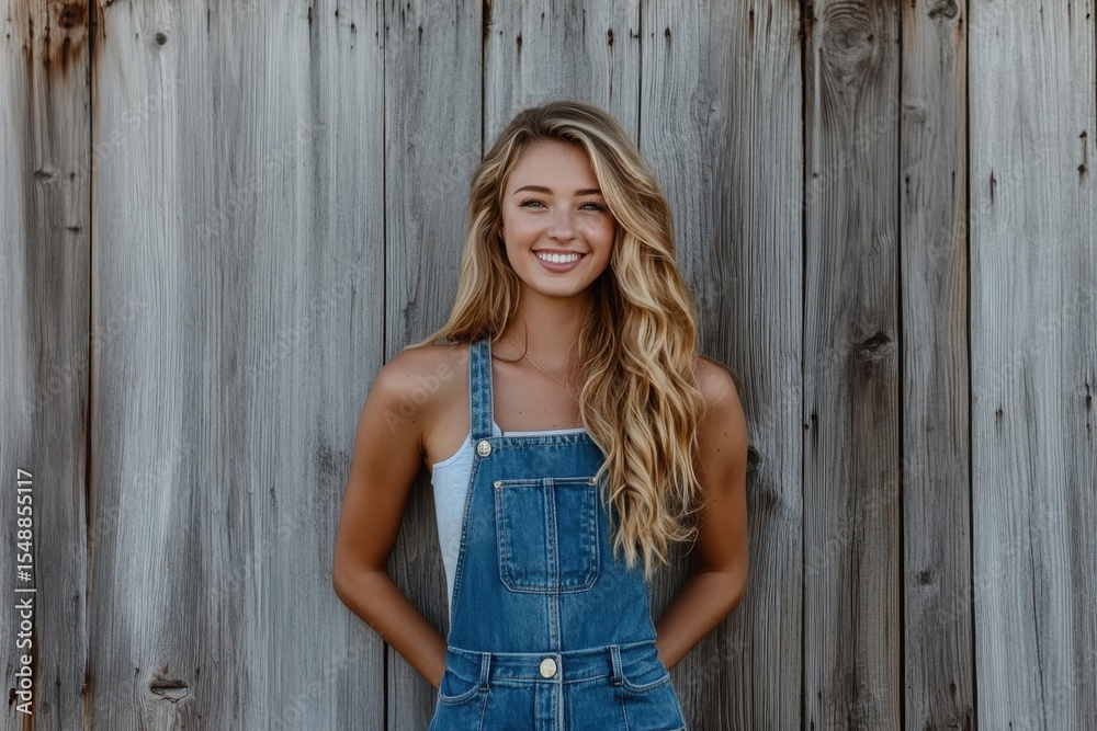 Fototapeta premium Cheerful Blond Woman in Overalls Posing by Rustic Barn with Wooden Walls