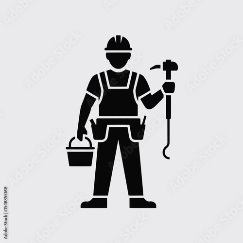 Black Silhouette Construction Worker Holding Hammer and Bucket Wearing Hard Hat and Tool Belt on Light Gray Background