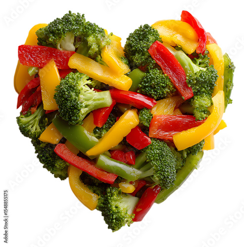 Heart shaped vegetable salad, isolated on a transparent background. The heart shape is made of various vegetables, including bell peppers and broccol.