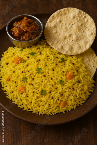 Homestyle Khichdi Served with Crunchy Papad and Spicy Pickle