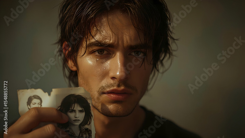 Pensive Young Man Holding Torn Photograph