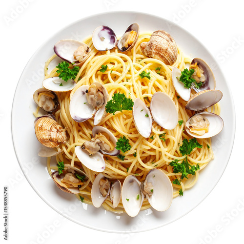 Special food Spaghetti alle Vongole on white plate
