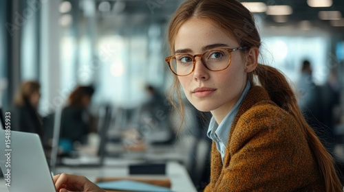 A close-up of a woman with long hair tied back in a ponytail, her fingers typing quickly on a sleek laptop in a modern office environment with minimalistic decor.