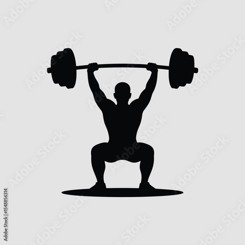 Black Silhouette of a Muscular Man Performing a Barbell Overhead Squat Weightlifting Exercise on a Light Gray Background