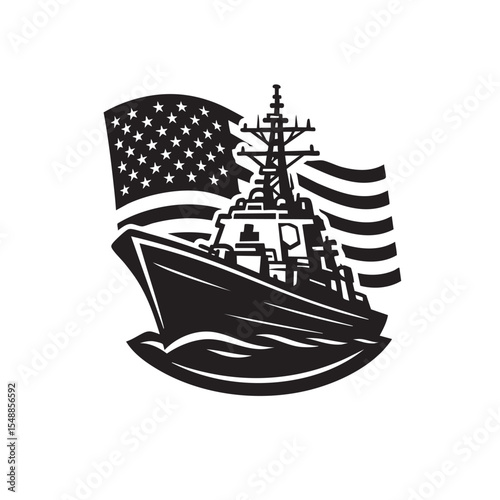 Powerful American warship sailing with a waving US flag in the background, bold lines in logo style on white.