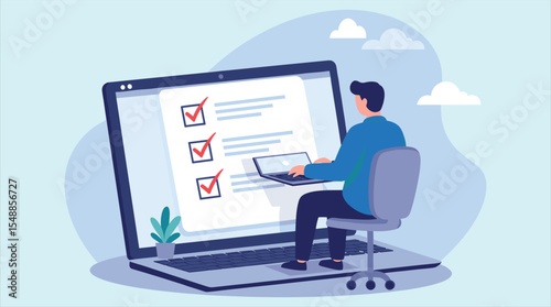 Online Checklist Completion and Task Management: Man Utilizing Laptop for Digital To-Do List, Enhancing Productivity and Streamlining Workflow Efficiently.