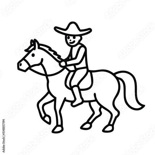 Cartoon Cowboy Riding Horse Line Art Vector Doodle