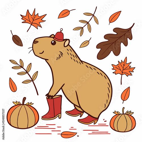 Playful Funny Capybara design, styled with with a tiny crown and Autumn Leaves shades in a Autumn setting