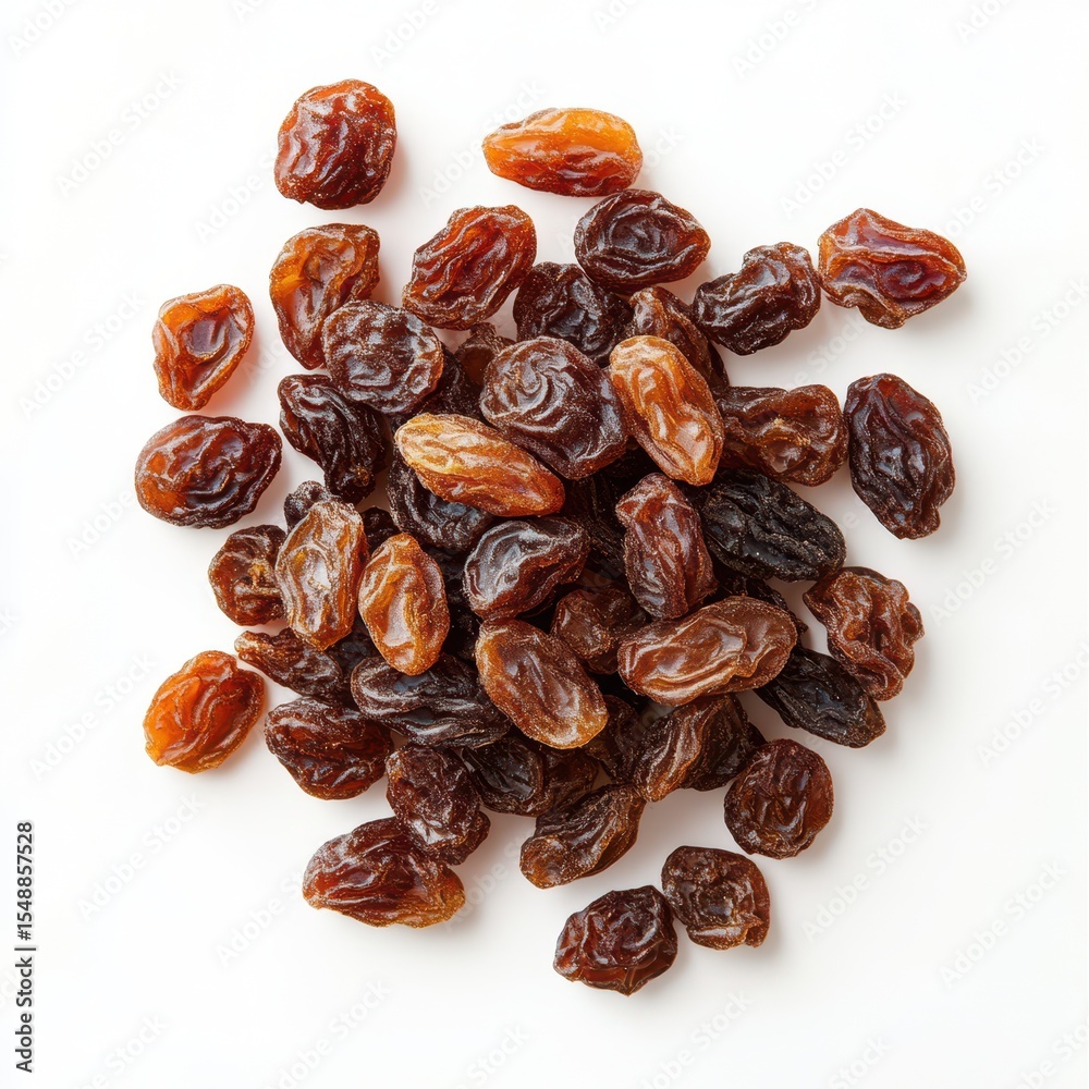 Dried golden raisins. A cluster of plump, dark brown raisins Dried golden raisins. A cluster of plump, dark brown raisins