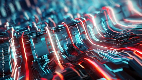 Computer technology abstraction with connected hardware or data servers in neon lights of wires