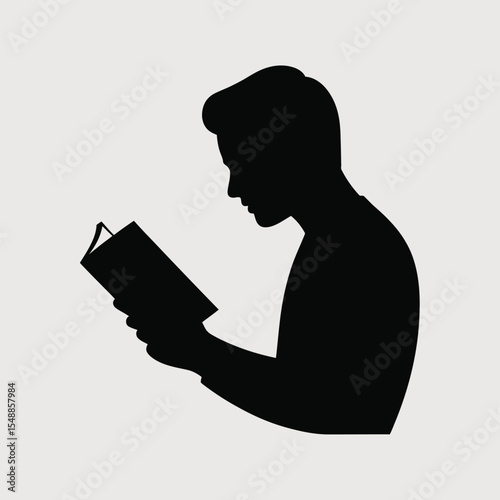 Black Silhouette of a Person Reading a Book Against a Light Gray Background Simple Minimalist Design
