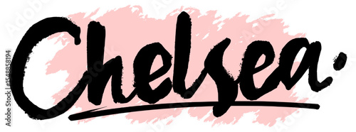 Handwritten black graffiti name “Chelsea” on pink splatter background. Feminine and urban-style name tag for stickers, fashion prints, or modern street art designs.