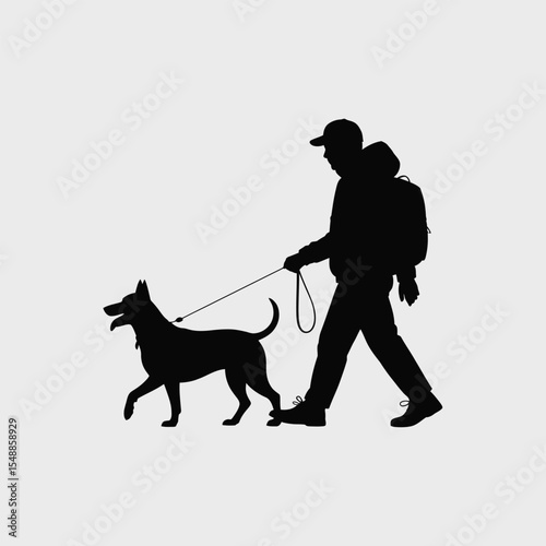 Black Silhouette of a Person with Backpack Walking a Dog on a Light Gray Background leash