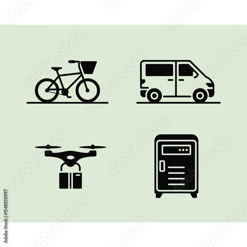 Black and White Icons Depicting Bicycle Delivery Van Drone and Server Rack Representing Modern Transportation and Logistics Methods