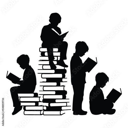 Reading Boys Silhouette Clipart Book Stack Study
