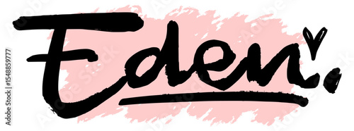 Handwritten black graffiti name “Eden” with pink splatter background. Feminine and stylish tag design for streetwear, digital stickers, and modern graffiti-inspired artwork.
