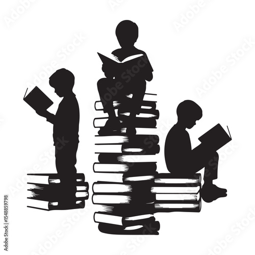 Reading Boys Silhouette Clipart Book Stack Study

