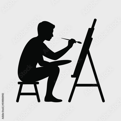 Black Silhouette of Person Sitting on Stool Painting on Easel Simple Minimalist Art Studio Scene artist