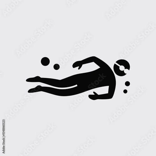 Black Silhouette of Person Swimming Underwater with Bubbles Minimalist Graphic swimmer white