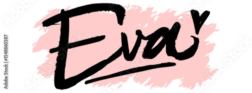 Handwritten black graffiti name “Eva” with pink splatter background. Feminine and modern tag style perfect for digital stickers, streetwear prints, and urban design.