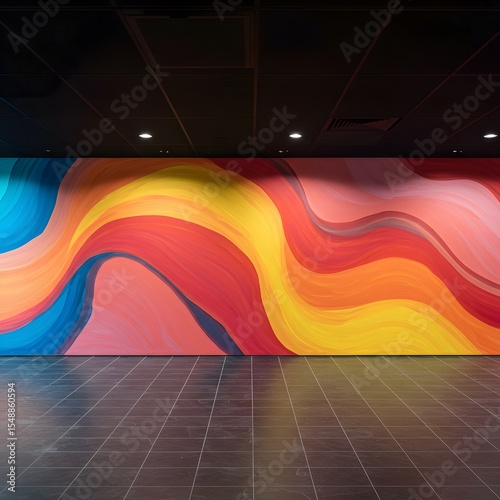 a modern interior space with a tiled floor and a black ceiling, large wall mural with abstract, bright and abstract colorful mural covering a wall in an empty room,  flowing shapes in vibrant colors