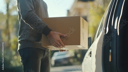 Courier Service: Delivery Person Handing Over Cardboard Box from Vehicle Trunk to Customers in Everyday Life