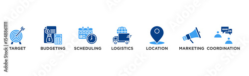 Event management banner web icon vector illustration concept with icon of target, budgeting, scheduling, logistics, location, marketing, and coordination
