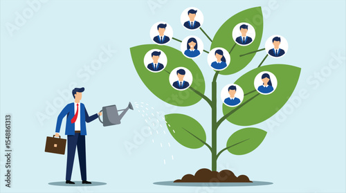 Team Growth and Talent Development: Businessman Nurturing Employee Potential, Cultivating Human Resources, and Fostering Organizational Success Like a Growing Tree.