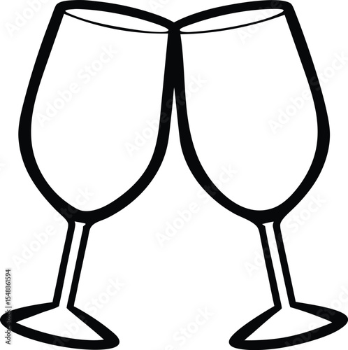 Two wine glasses toasting in black and white simple line art