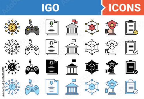 Initial game offering banner icon set with multiple style collection.
