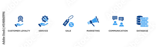 CRM banner web icon illustration concept for customer relationship management with icon of customer loyalty, service, sale, marketing, communication, and database