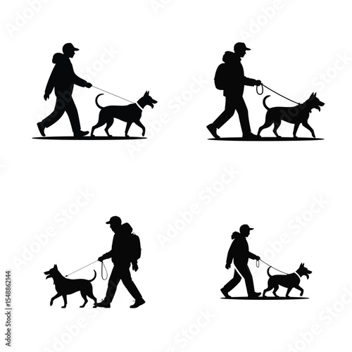 Four Black Silhouettes of People Walking Dogs on Leashes Two Individuals Carry Backpacks Dogs Appear Similar in Breed and Size Simple Graphic Style White Background