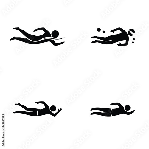Four Black Silhouettes of Swimmers Depicting Different Strokes Freestyle Backstroke Diving and Breaststroke