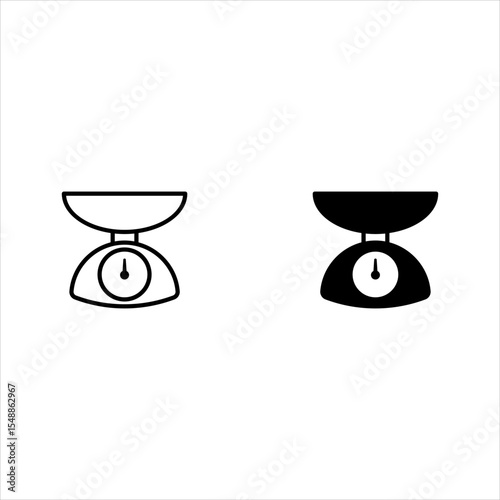Scales icon set vector. Scale, balance, weight symbol illustration. Line art and flat shop or kitchen scales sign silhouette 