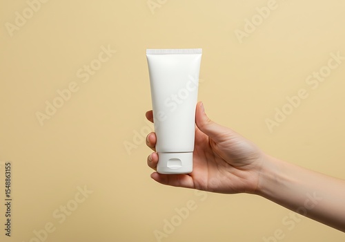 Simple image of a hand gripping a white, generic tube, suitable for various health and beauty product displays.
