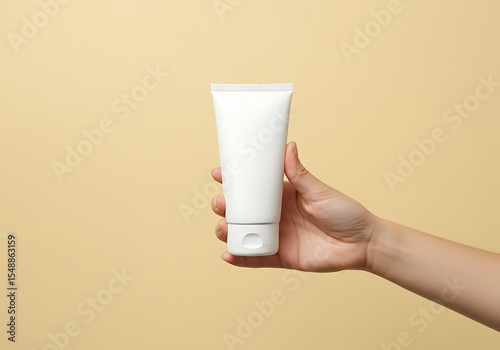 Hand presenting a plain white cosmetic cream tube, excellent for beauty brand mockups and product advertising.
