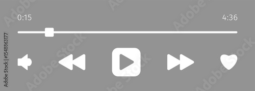 Simple template of media device playback panel interface. Audio or video mini player progress loading bar with time slider, play, rewind buttons. Minimalist web display. White grey theme