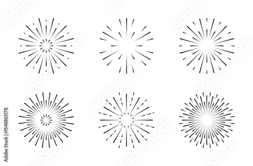 Fireworks Black editable line in flat style. Blast explosion with editable stroke. Happy new year birthday. Sparkles for poster banner card. Simple splashes Round sunburst, line radial frame icon set