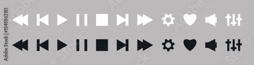 Media player icon set. Sing play, pause, next, previous like and settings symbol in black and white color flat style. Video Audio playback interface element.